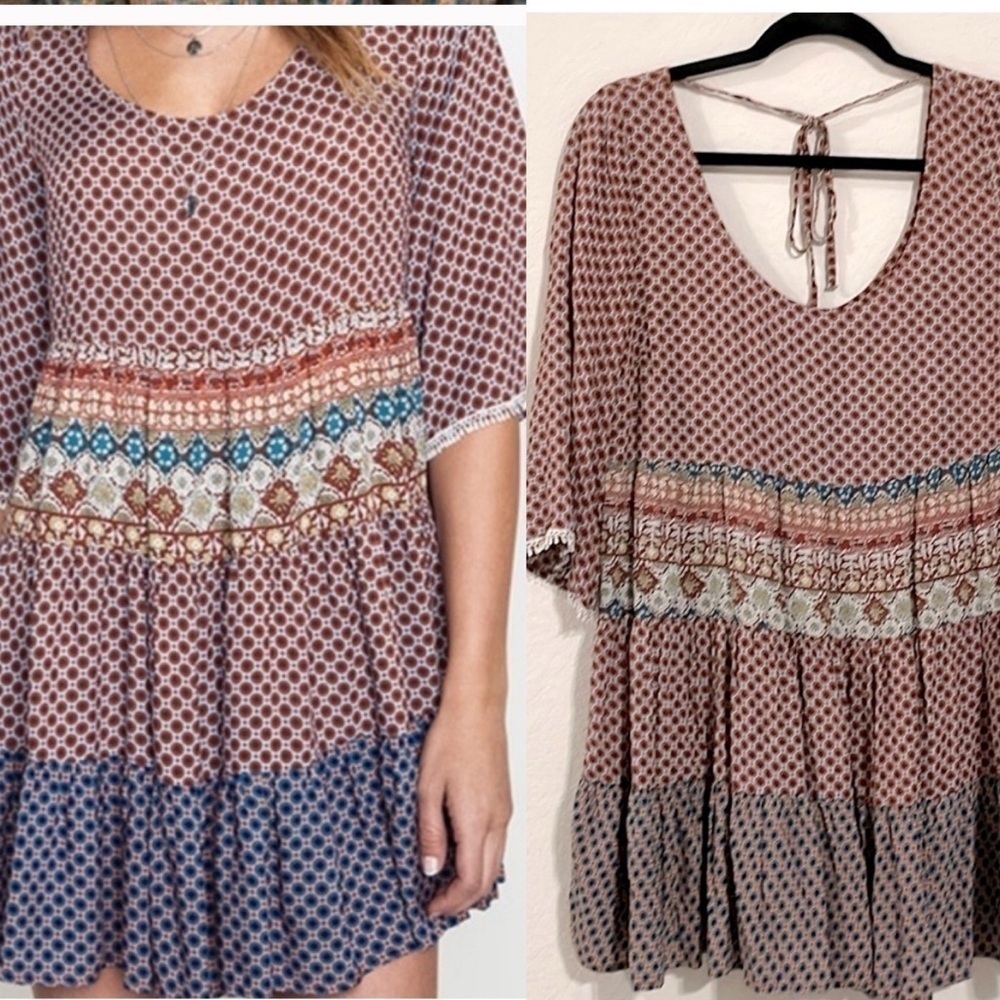 Umgee Women’s Mini Dress Small Bohemian Floral Paisley Cotton Babydoll Tiered